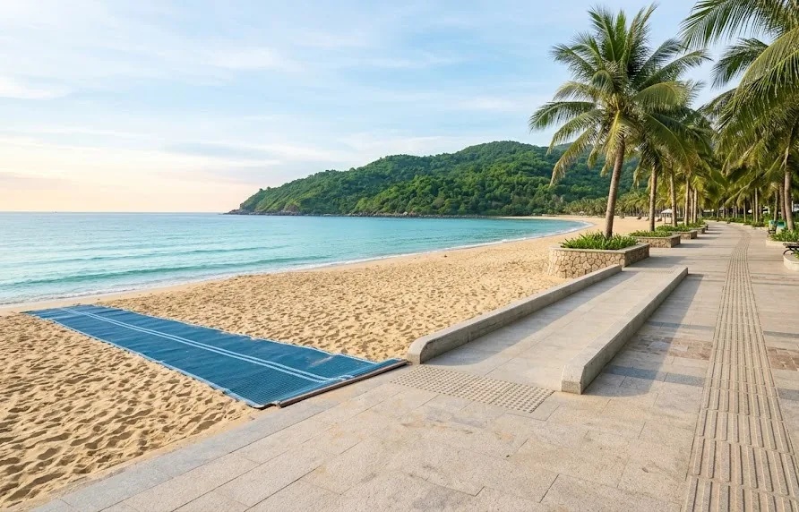 Level beachfront promenade with a ramp down to a beach access mat across the sand