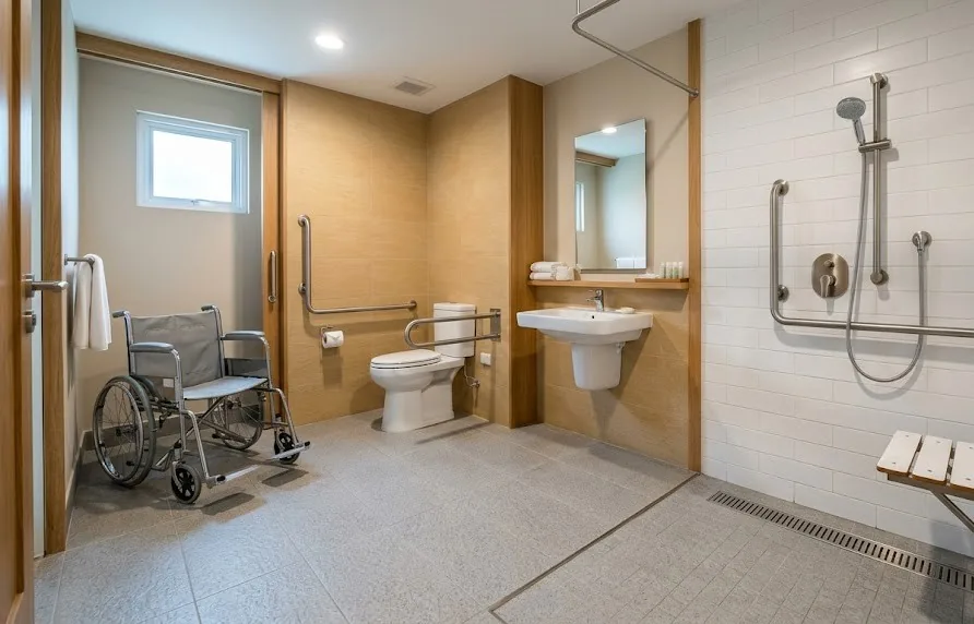 Wheelchair-accessible hotel bathroom with roll-in shower, fold-down seat and grab bars