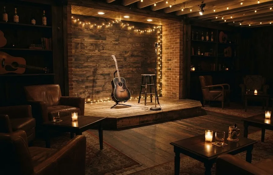 Cozy lounge with a small stage, acoustic guitar, microphone, fairy lights and leather armchairs