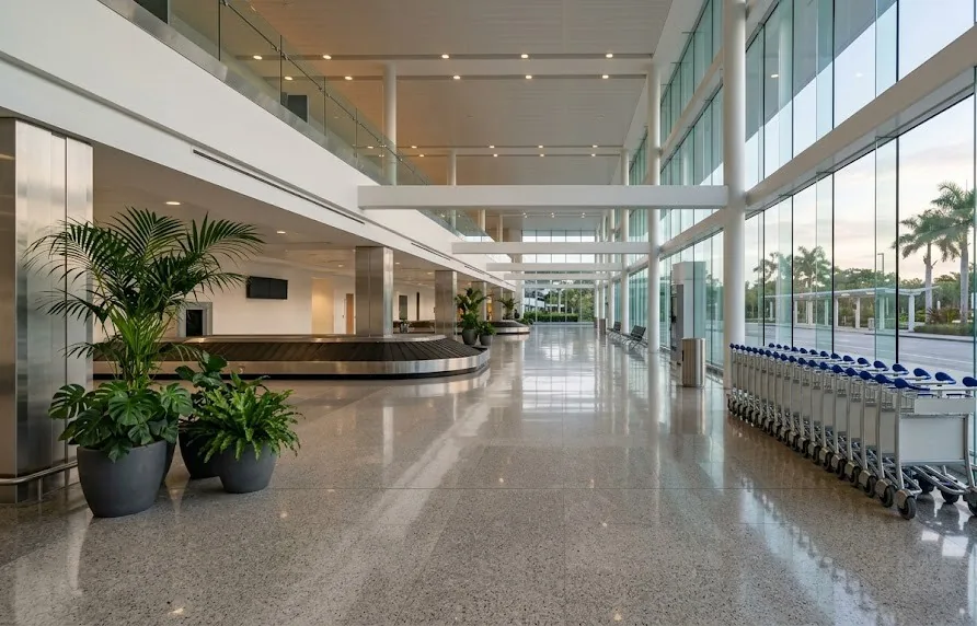 Empty bright airport arrivals hall with baggage carousel and a row of luggage trolleys