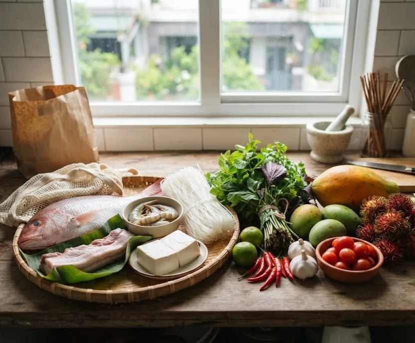 Fresh market groceries on a kitchen counter: fish, shrimp, pork, tofu, noodles, herbs and fruit