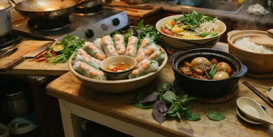 Home-cooked Vietnamese dinner of spring rolls, braised pork with eggs, sour soup and rice