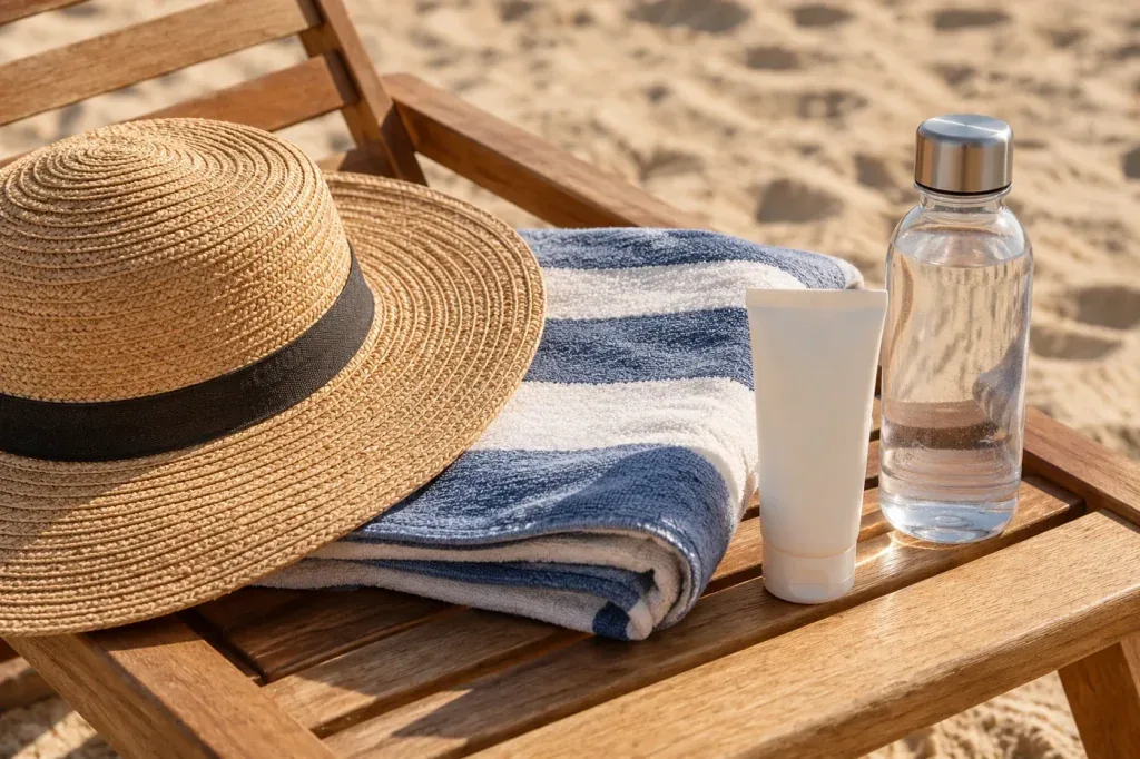 AI illustration: Hat, towel and drinking water for a beach visit