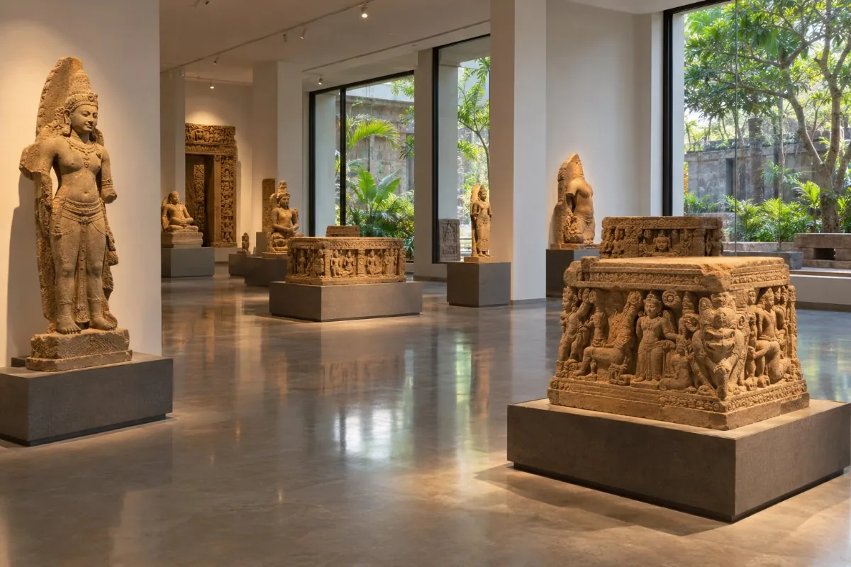 Gallery of ancient sandstone sculptures and carved altar pedestals under soft spotlights