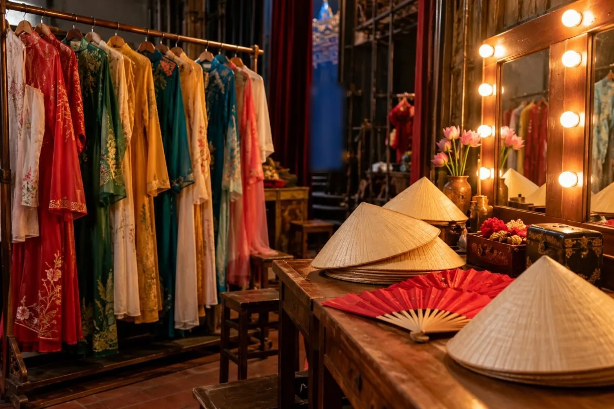 Silk ao dai costumes, conical hats and red fans backstage before a dance show