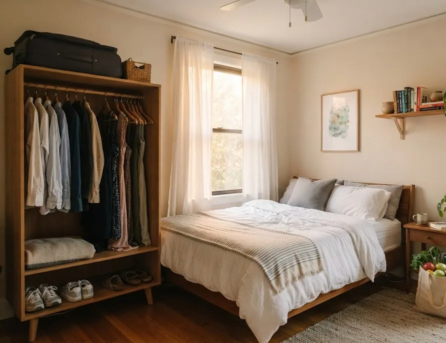 Lived-in long stay bedroom with an open wardrobe, stored suitcase and groceries