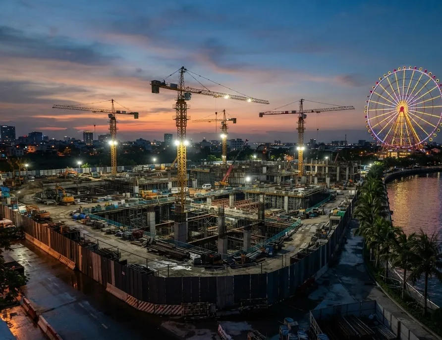 Riverside construction site with tower cranes beside a lit ferris wheel at dusk