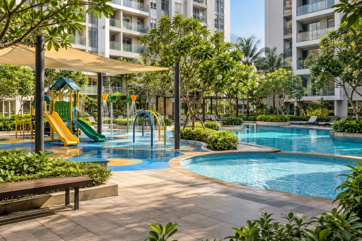 Shaded playground and splash pad beside a residents pool with a shallow kids pool