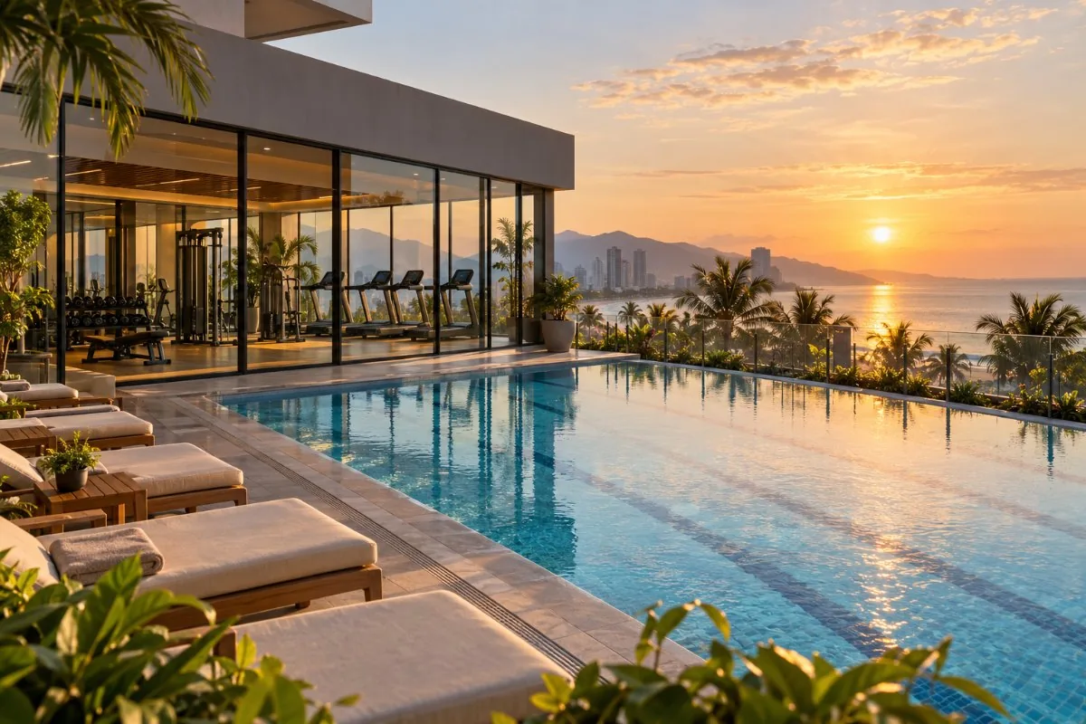 Building gym behind glass beside a lap pool with loungers at sunrise