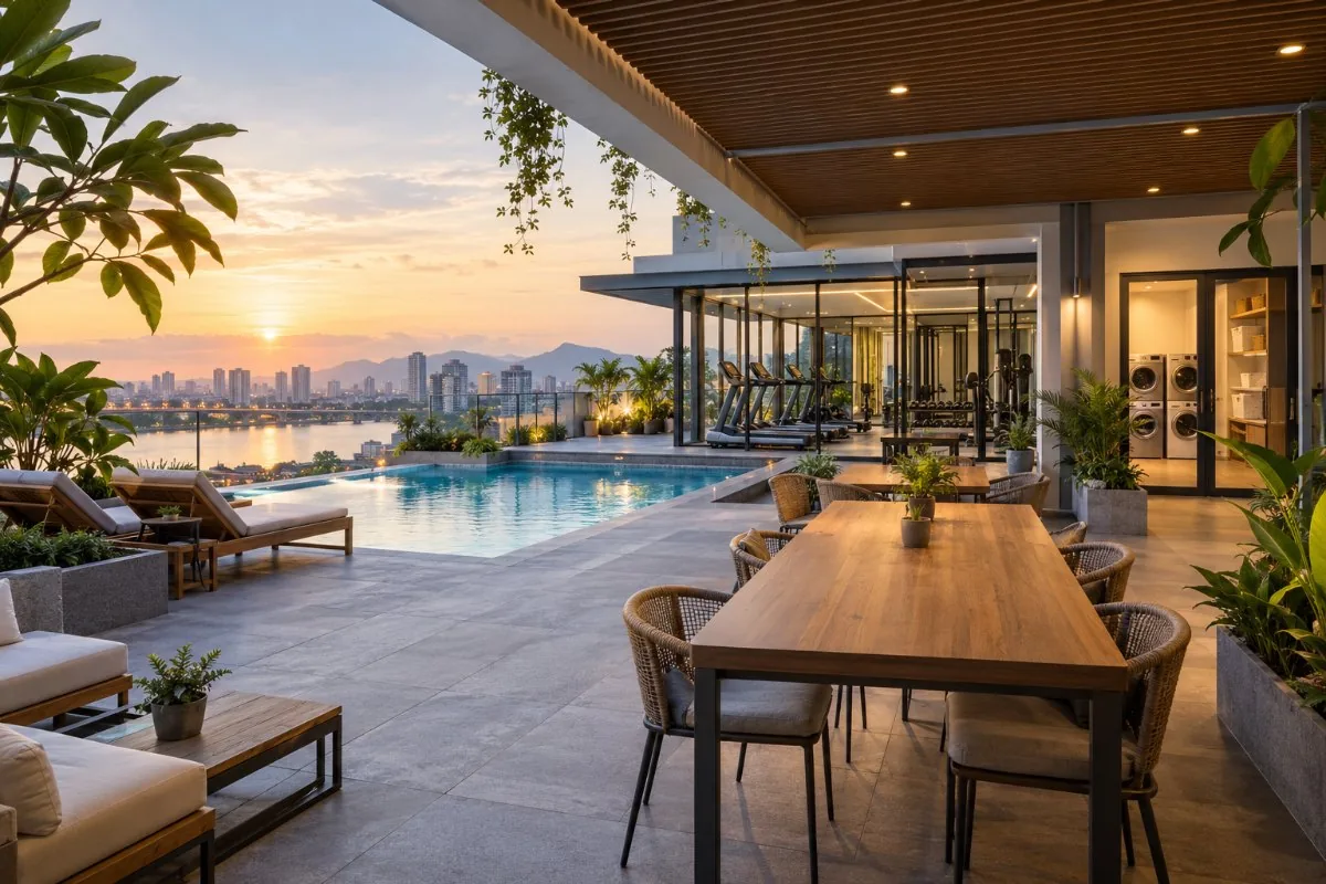 Rooftop pool, shared tables, gym and laundry room in an apartment building at sunset