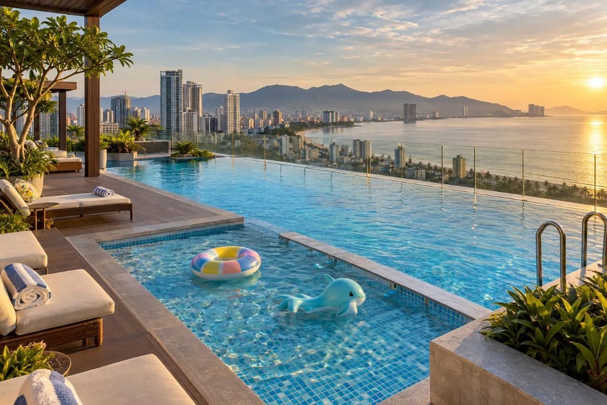 Rooftop pool with a shallow kids pool, floats and loungers overlooking the city and sea
