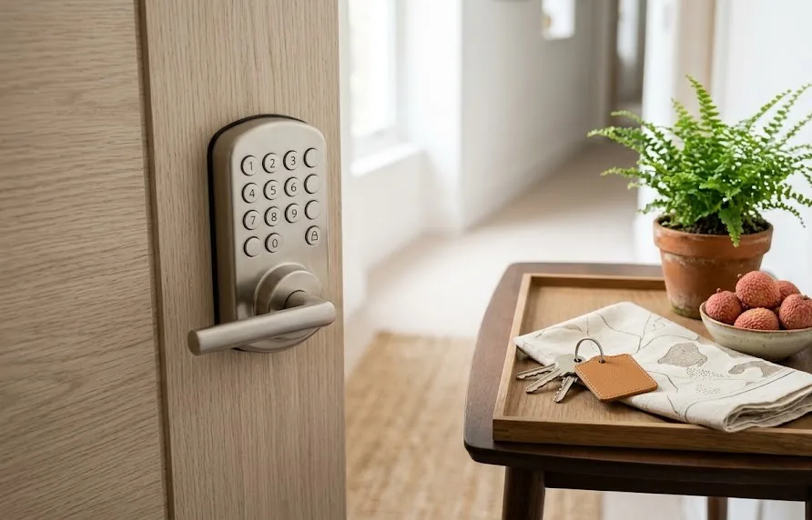 Keypad smart lock on an oak door beside a welcome tray with keys, a fern and fresh lychees