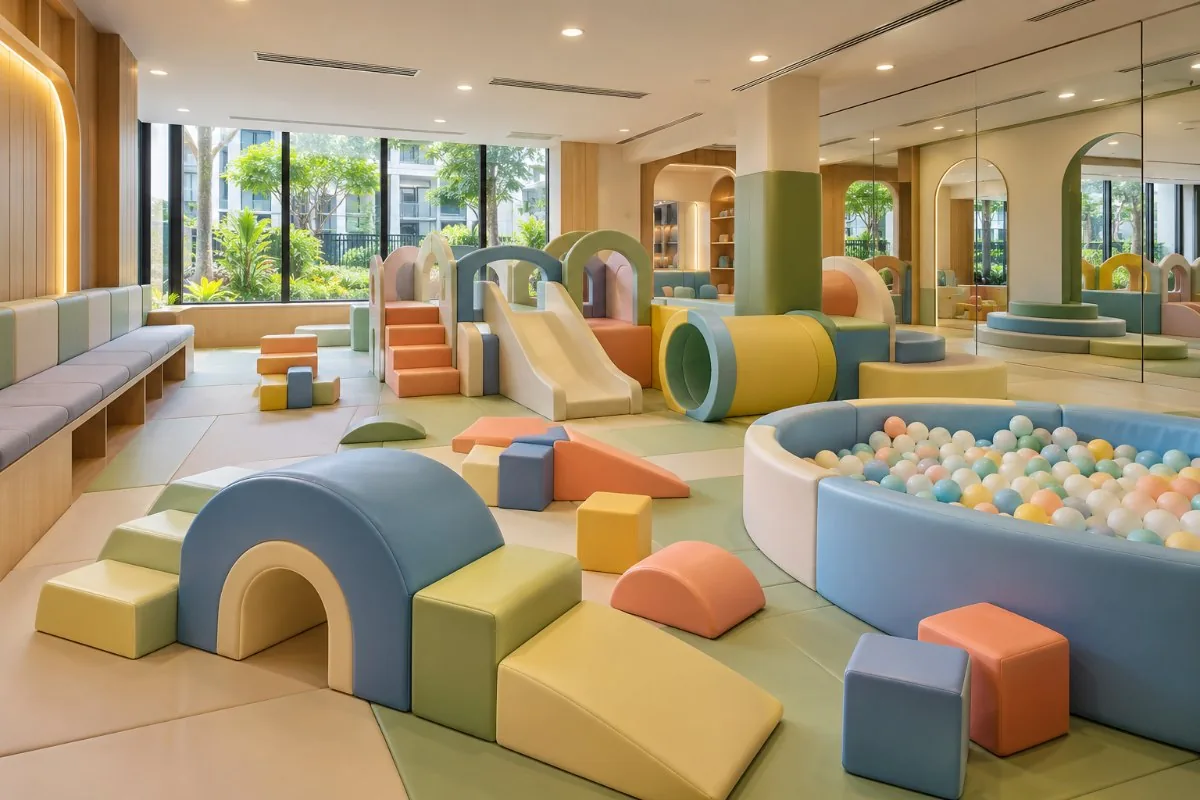 Residents soft play room with foam blocks, slides, tunnels and a ball pit