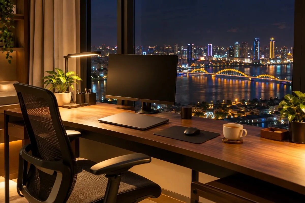 Work desk with monitor, laptop and ergonomic chair facing city lights at night