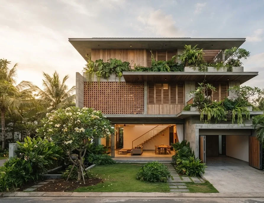 Modern tropical house with breeze-block walls, timber louvers and hanging greenery
