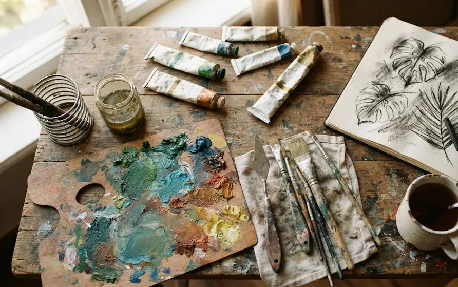 Workbench with paint tubes, a loaded palette, brushes, palette knives and a sketchbook of leaf studies