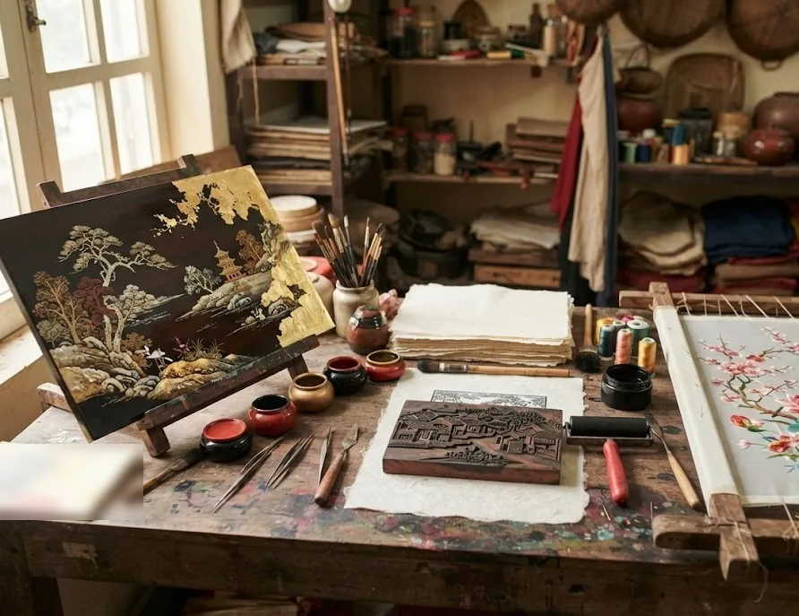 Traditional crafts workshop with a gold-leaf lacquer painting, woodblock print and silk embroidery