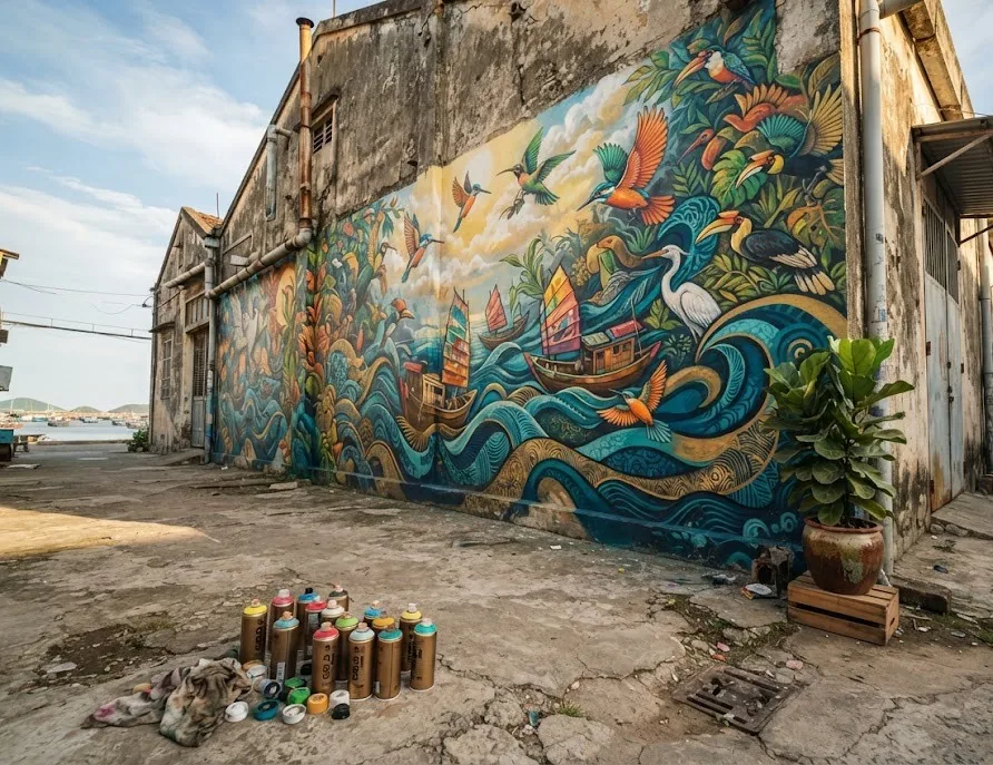 Warehouse wall mural of waves, sailing junks and tropical birds with spray cans in front
