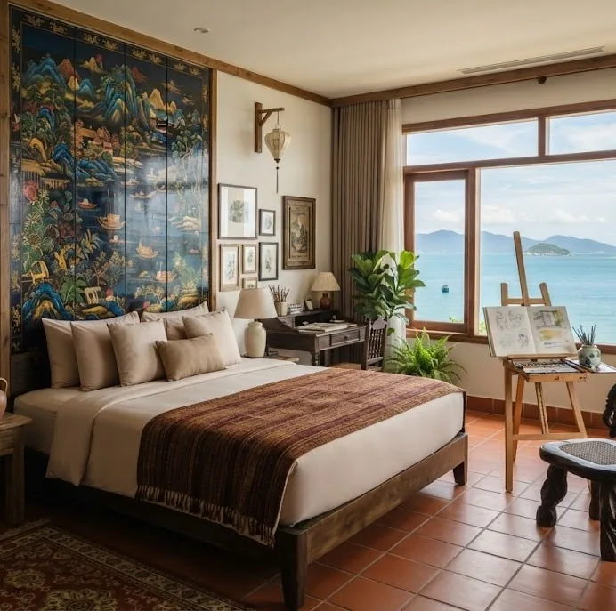 Art-themed hotel room with a lacquer panel headboard, sketch easel and sea view