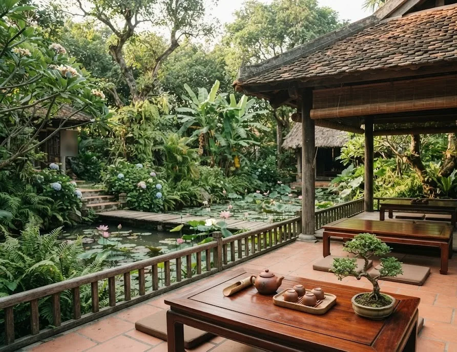Garden tea house veranda with a teapot set, bonsai and a lotus pond
