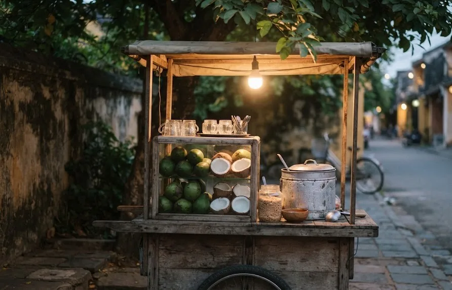 Wooden pushcart with avocados, coconuts, glass cups and an ice cream pot at dusk