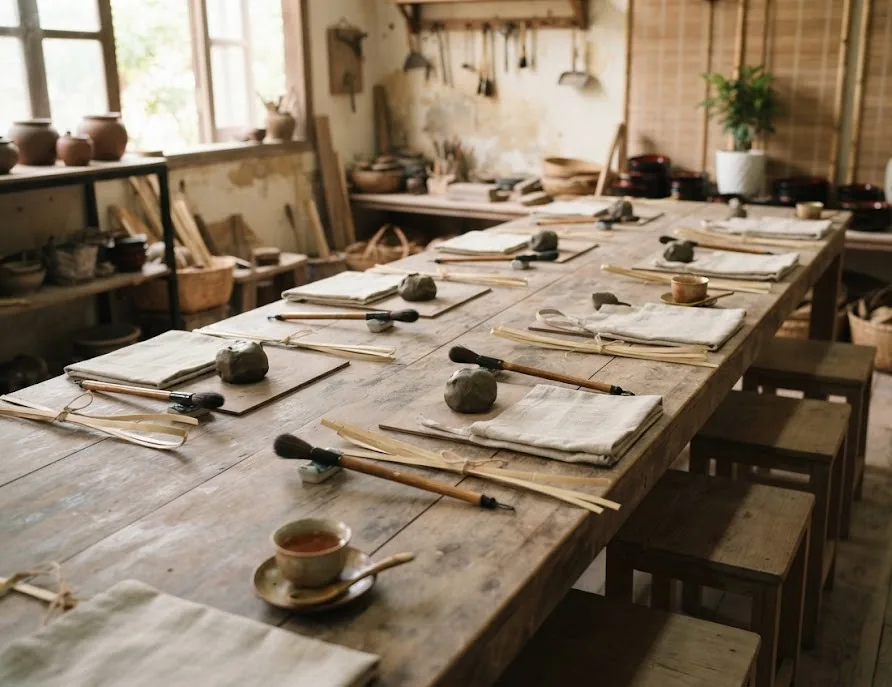 Wooden table set up with workstations for a small hands-on craft class