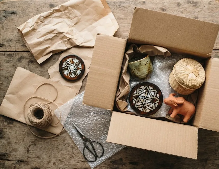 Handmade craft souvenirs packed with kraft paper and bubble wrap for travel