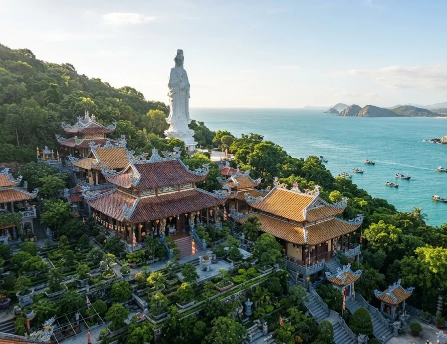 Hillside pagoda complex with ornate roofs and a tall white statue above a turquoise bay