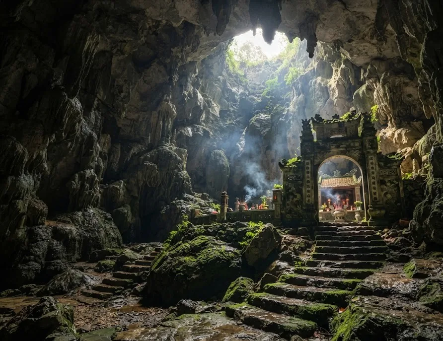 Shrine gate carved into a limestone cave lit by sunbeams through the ceiling