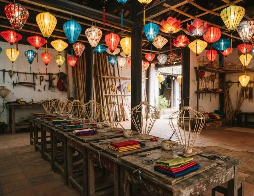 Lantern making class stations with bamboo frames and silk under hanging lanterns