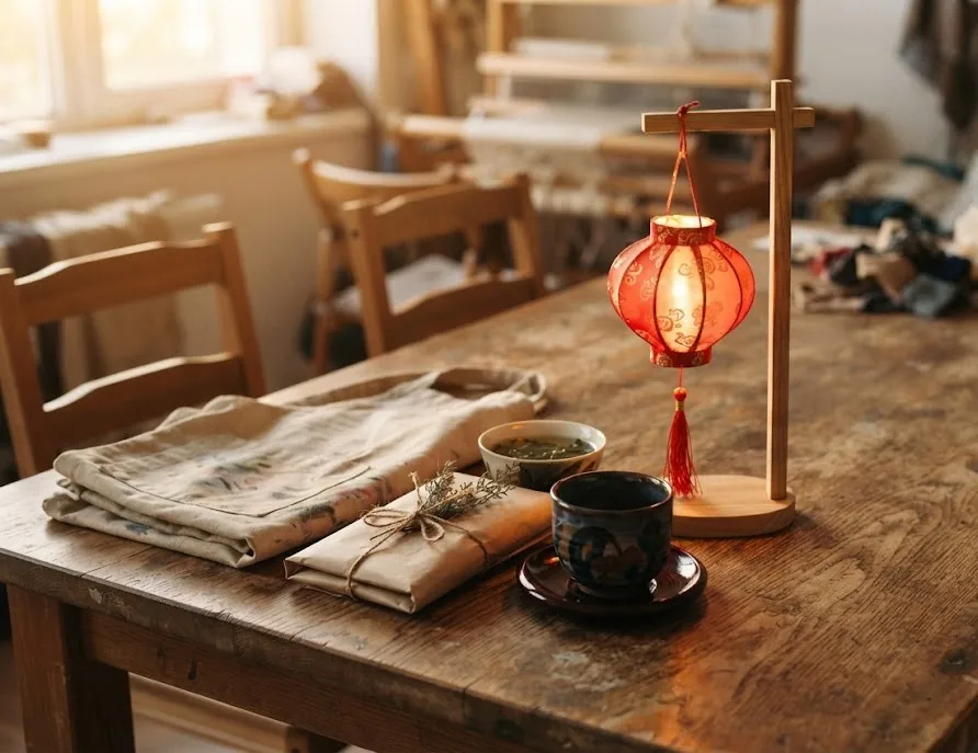 Finished small silk lantern with a ceramic cup and apron after a craft class