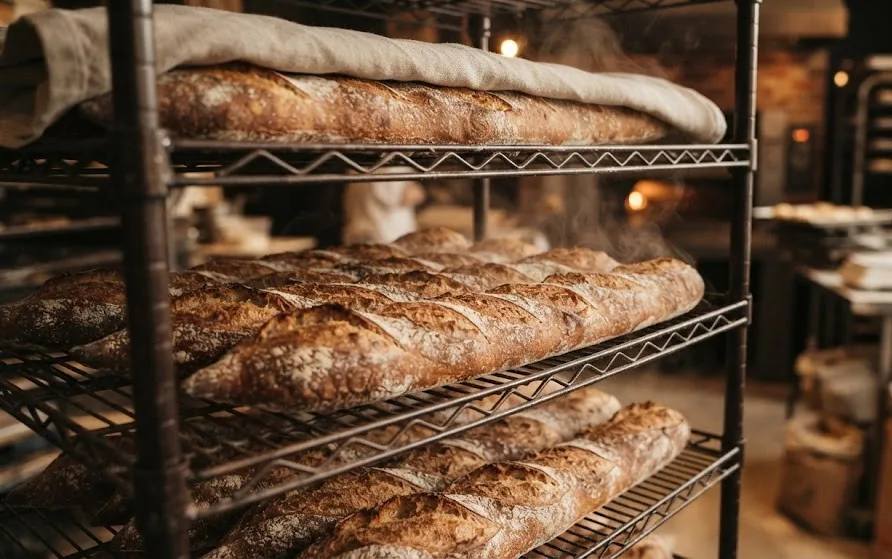 Rows of freshly baked baguettes with blistered golden crusts cooling on a metal bakery rack