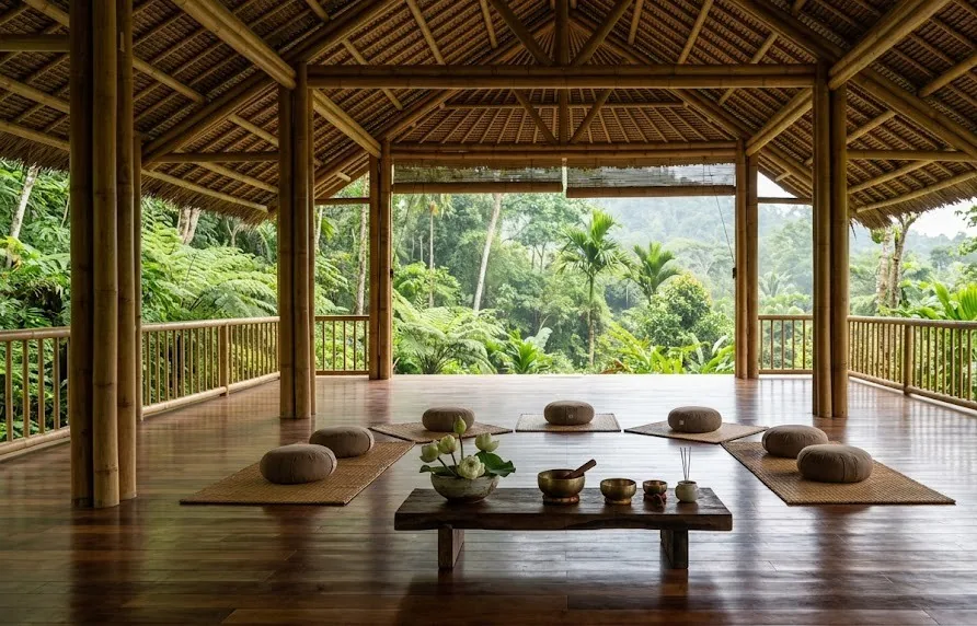 Open bamboo meditation hall with cushions, singing bowls and lotus flowers overlooking jungle