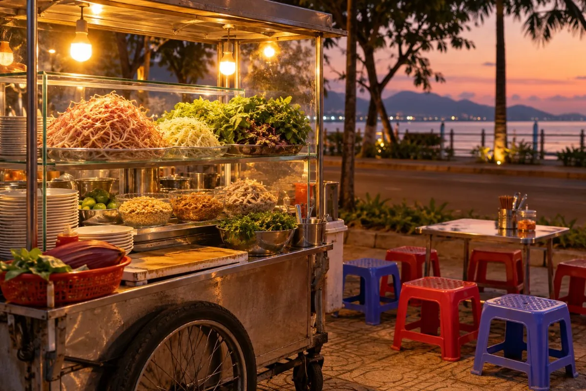 Street cart with shredded banana flower, herbs and peanuts beside plastic stools at dusk