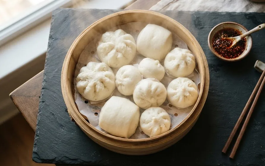 Bamboo steamer basket of freshly steamed white buns beside a dish of chilli sauce and chopsticks