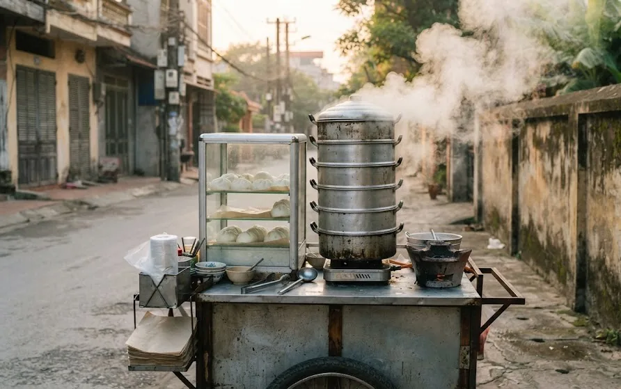 Street food cart with stacked aluminium steamers and a glass display box of steamed buns at dawn
