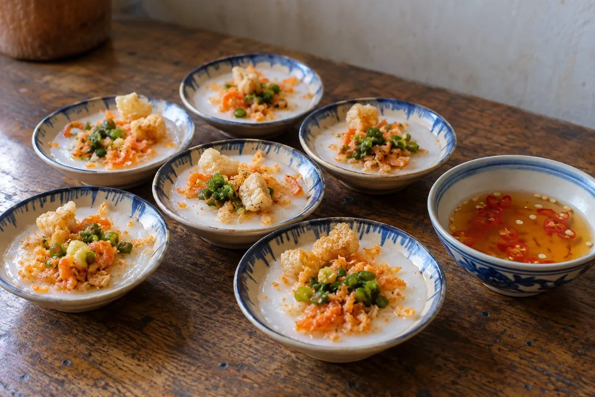 Small saucers of banh beo steamed rice cakes with dried shrimp, pork rind and fish sauce