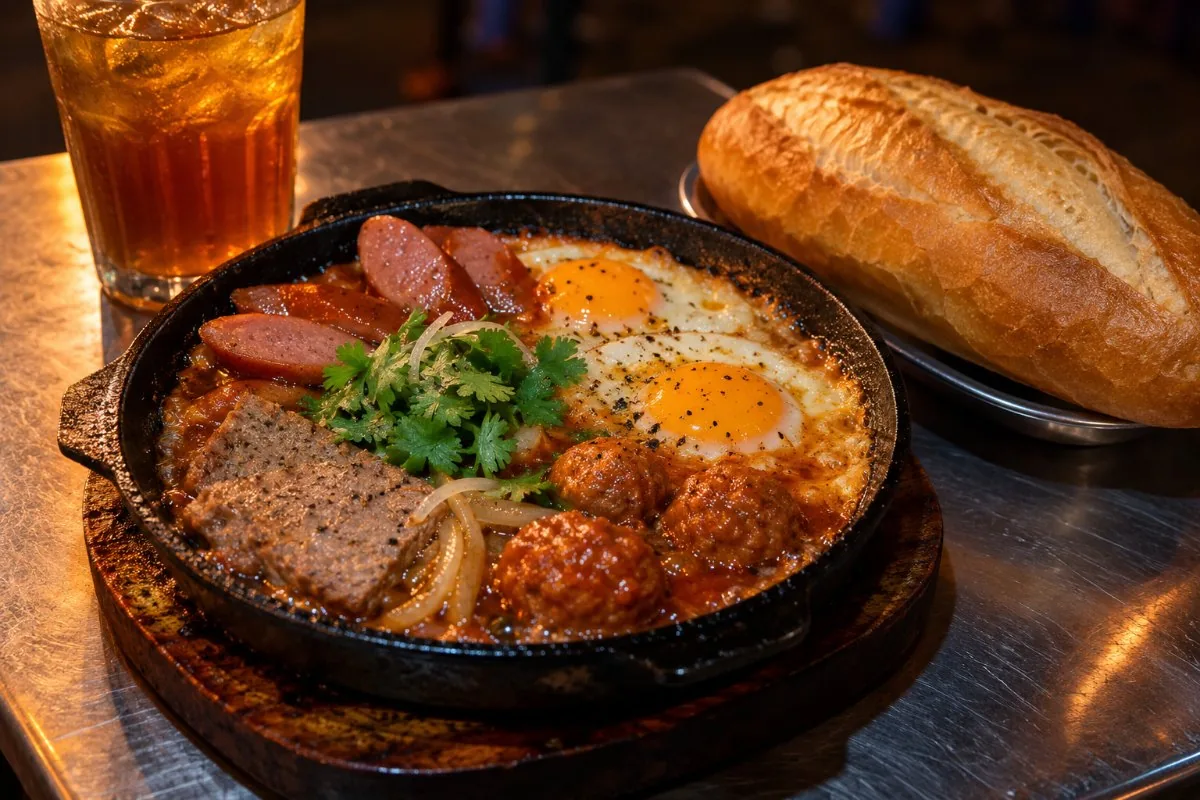 Sizzling skillet with fried eggs, pate, meatballs and sausage with a baguette and iced tea
