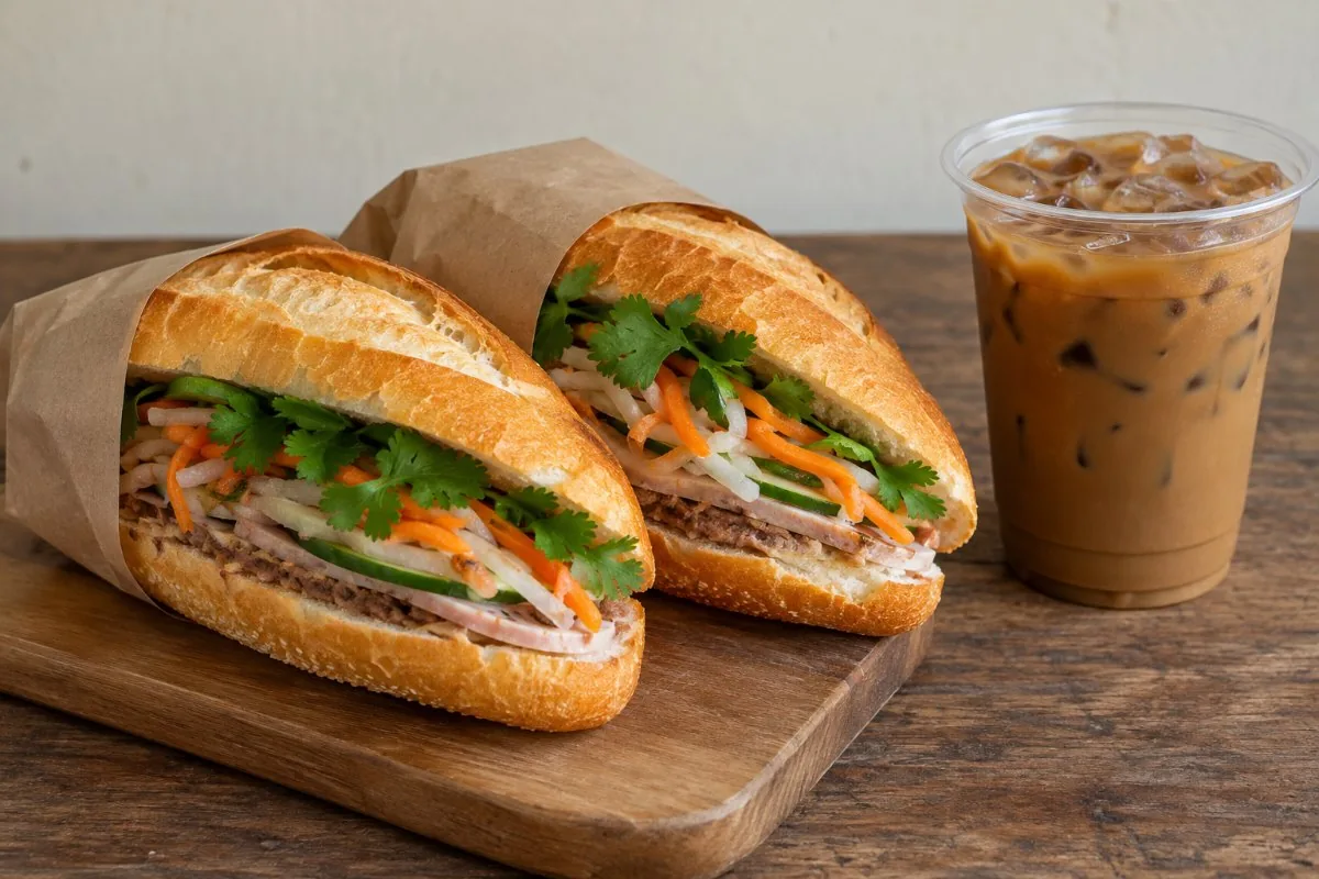 Two banh mi sandwiches in paper wrappers with an iced milk coffee