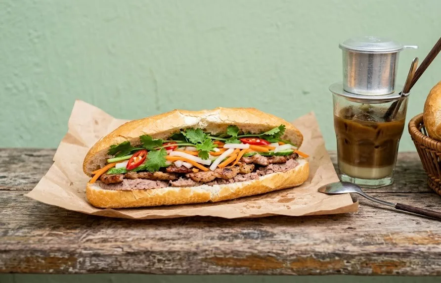 Grilled pork banh mi on brown paper beside a Vietnamese iced coffee and phin filter