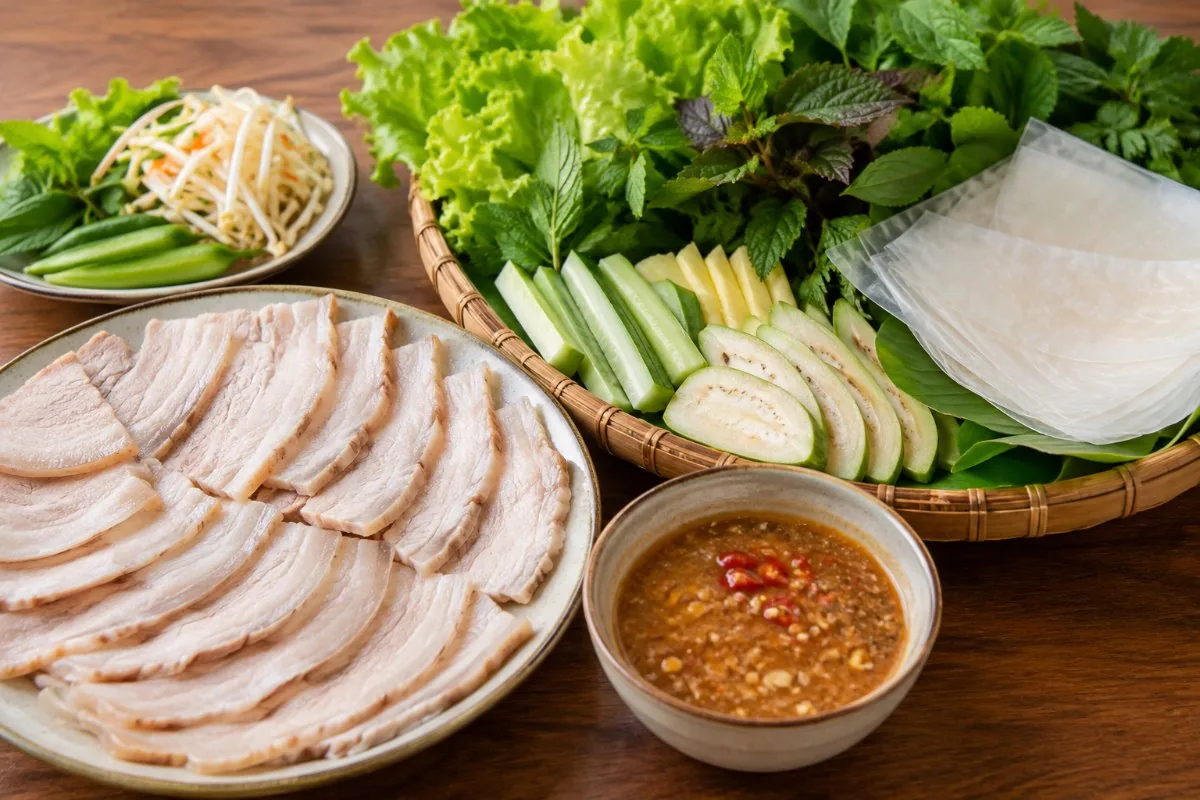 Sliced boiled pork, herbs, cucumber, green banana, rice paper and anchovy dipping sauce