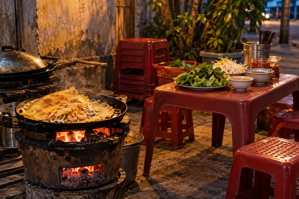 Banh xeo cooking over a charcoal stove beside a street table with herbs and stools