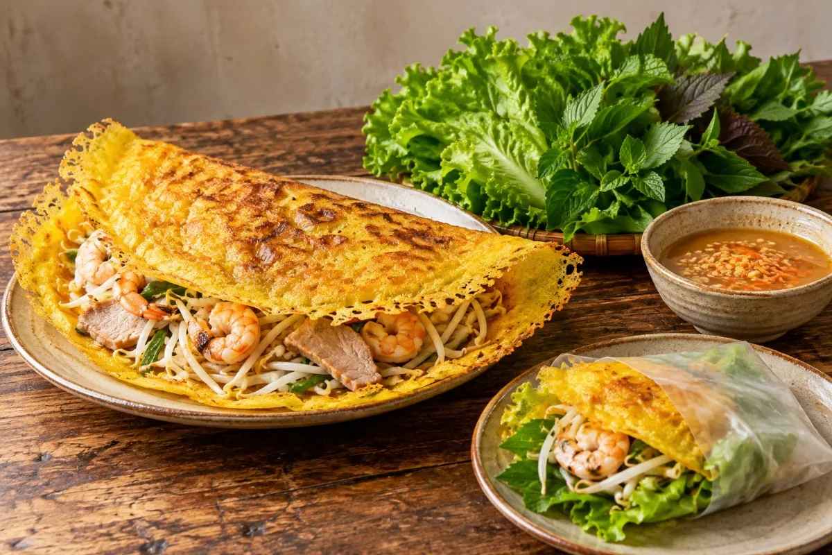 Crispy banh xeo pancake with shrimp and pork, herbs, rice paper roll and peanut sauce