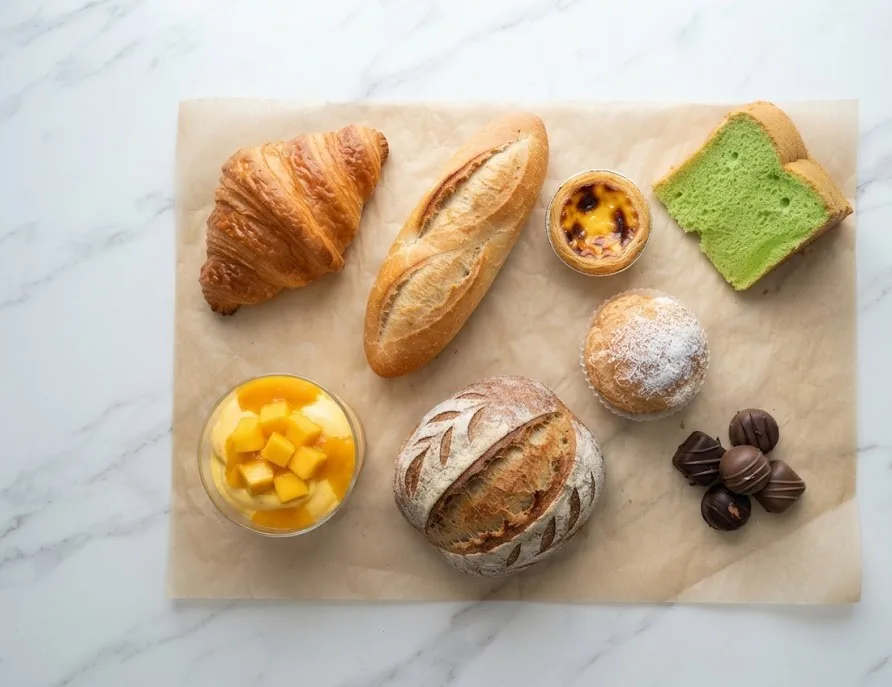 Assorted pastries on marble: croissant, baguette, egg tart, pandan cake and pralines