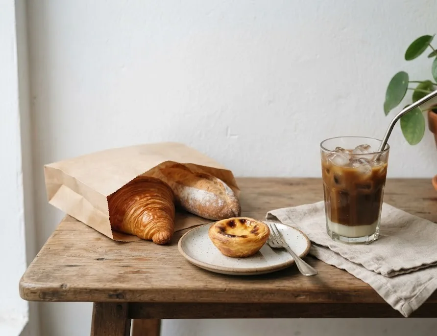 Paper bakery bag with croissant and baguette, egg tart and iced milk coffee
