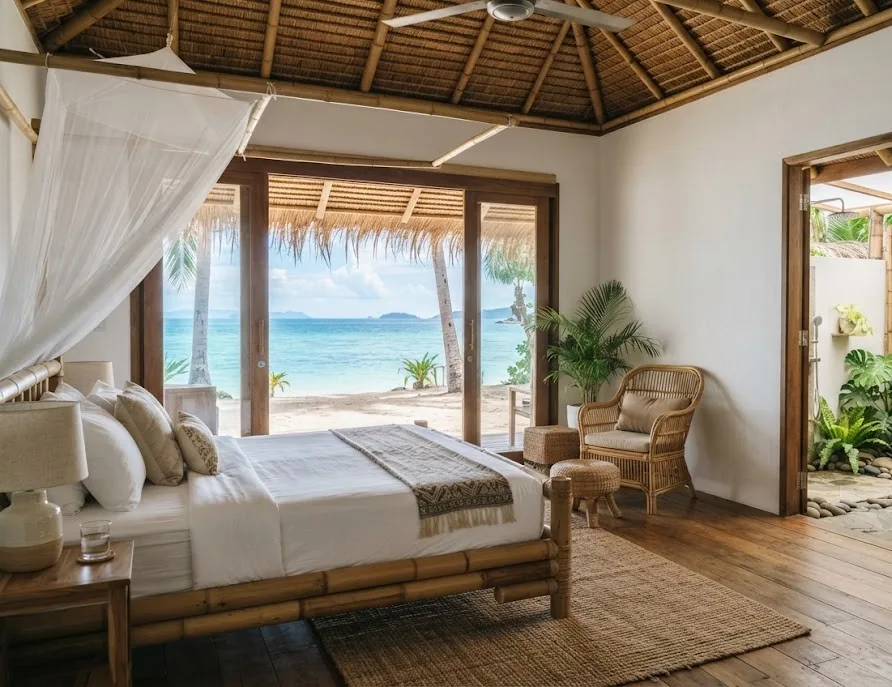 Bright bungalow room with a bamboo bed, mosquito net and doors open to the sea