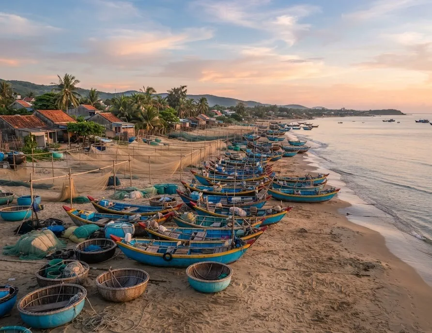 Fishing village beach with rows of blue wooden boats, basket boats and drying nets at sunrise
