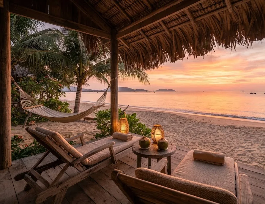 Bungalow porch with loungers, lanterns and coconuts facing the sea at sunset