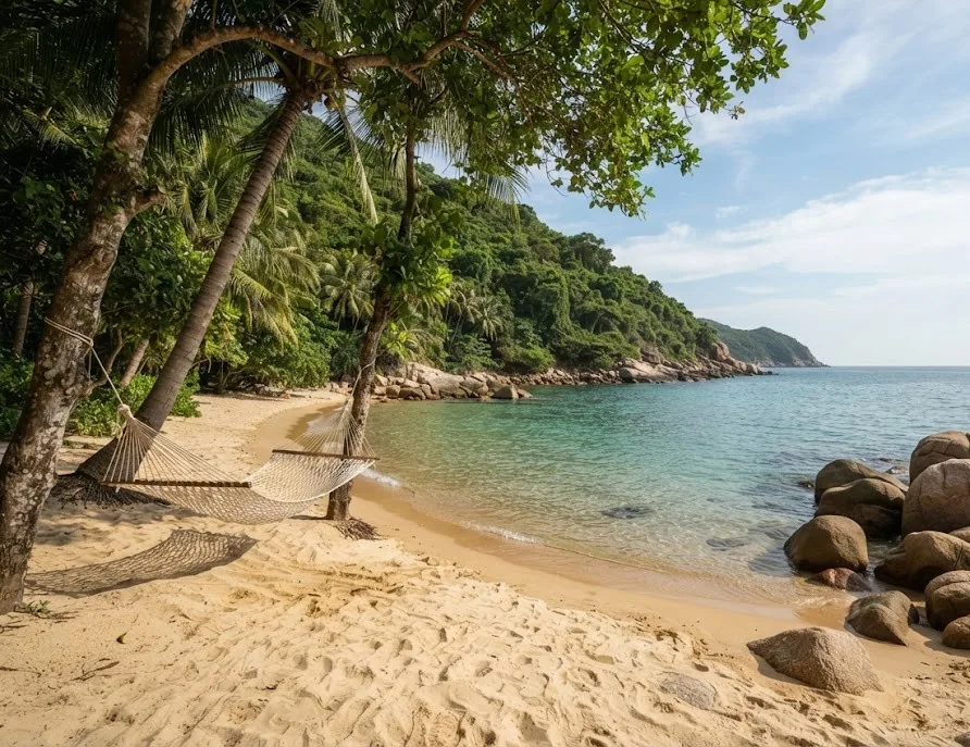 Secluded cove with a hammock between trees, boulders and turquoise water