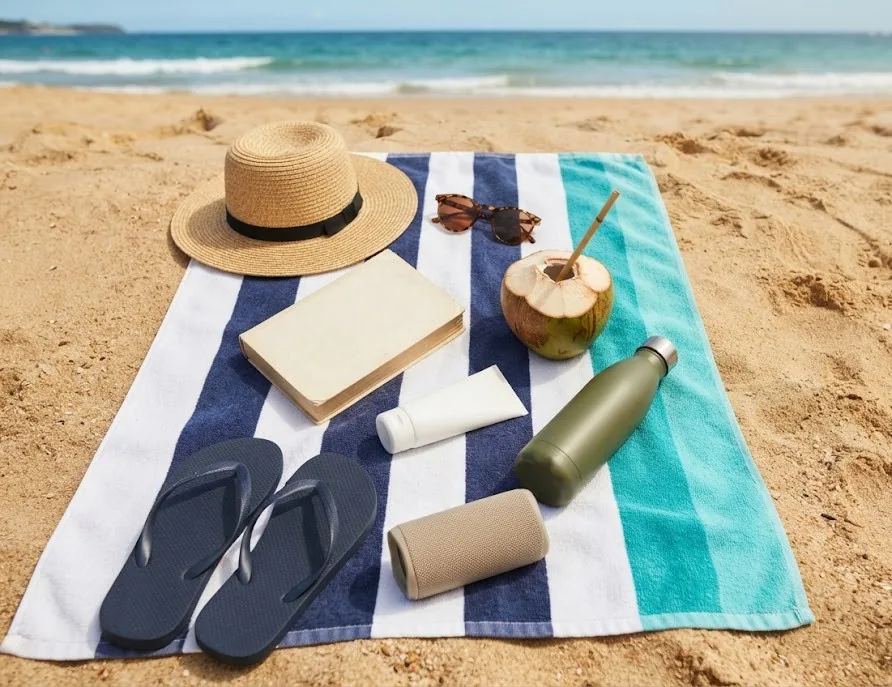 Beach towel flat lay with straw hat, coconut, book, sunscreen and flip flops